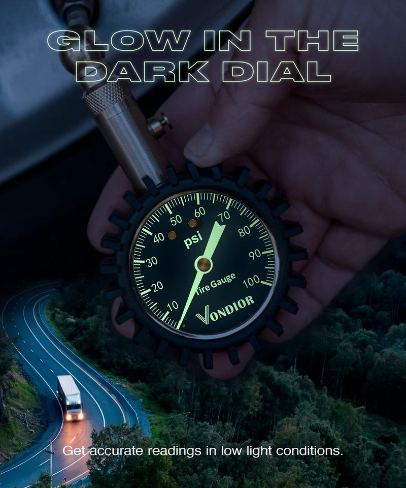 Vondior Tire Pressure Gauge (0-100 PSI) Heavy Duty  Certified ANSI Accurate with Large 2 Inch Easy to Read Glow Dial  Low - High Air Pressure Gauge. Tire Gauge for Car and Trucks Tires - Image 5